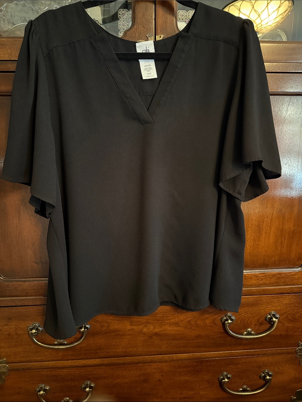 CAbi Black V-Neck Flutter Sleeve Blouse